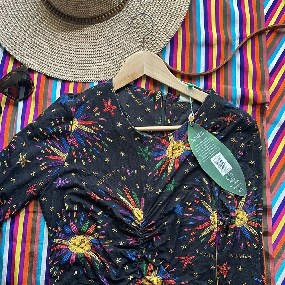 FARM RIO Rainbow Suns Ruched Midi Dress, Eco Viscose, Size Medium. NWT - Picture 6 of 15
